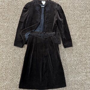 Vintage 80s Velvet 2 Piece Jacket Midi Skirt‎ Set Western Embroidered *XS/S